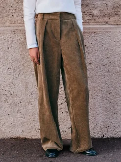 Broeken|Next - Corduroy broek met wijde pijpen Kakigroen