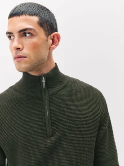 Gebreide Kleding*Next - Effen - Regular Fit Cotton Rich Textured Premium Quarter Zip Jumper Kakigroen