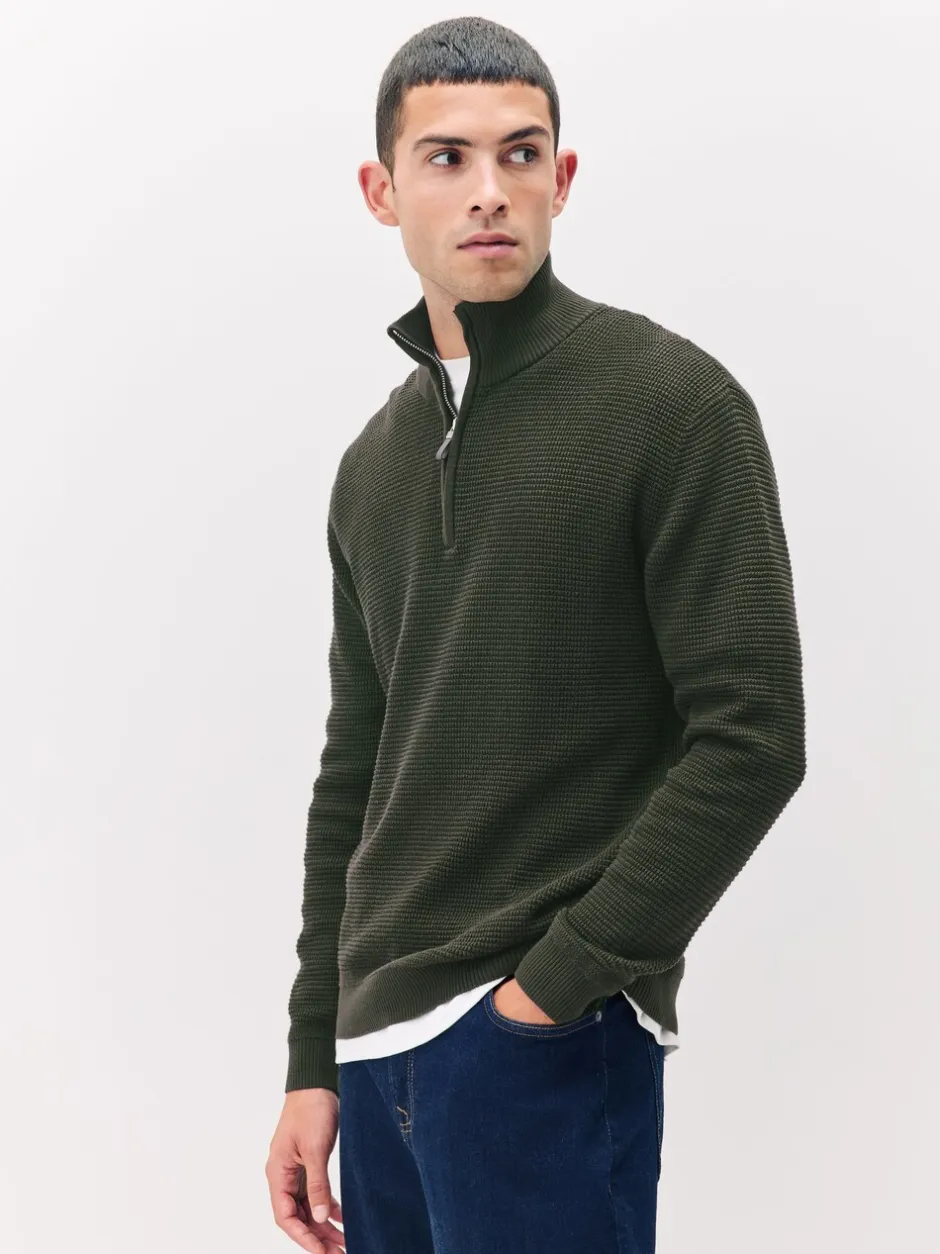 Gebreide Kleding*Next - Effen - Regular Fit Cotton Rich Textured Premium Quarter Zip Jumper Kakigroen