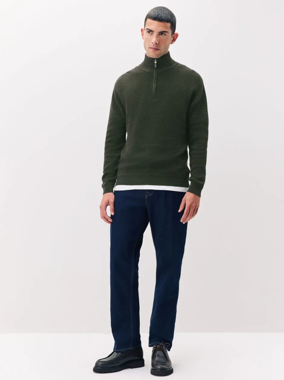 Gebreide Kleding*Next - Effen - Regular Fit Cotton Rich Textured Premium Quarter Zip Jumper Kakigroen
