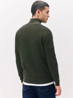 Gebreide Kleding*Next - Effen - Regular Fit Cotton Rich Textured Premium Quarter Zip Jumper Kakigroen