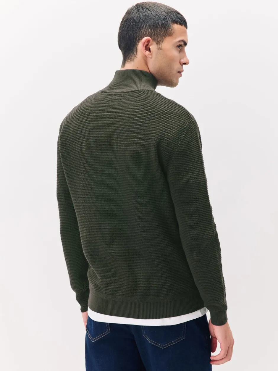 Gebreide Kleding*Next - Effen - Regular Fit Cotton Rich Textured Premium Quarter Zip Jumper Kakigroen
