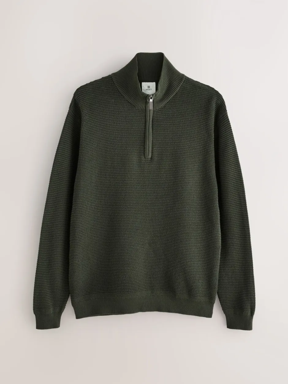 Gebreide Kleding*Next - Effen - Regular Fit Cotton Rich Textured Premium Quarter Zip Jumper Kakigroen
