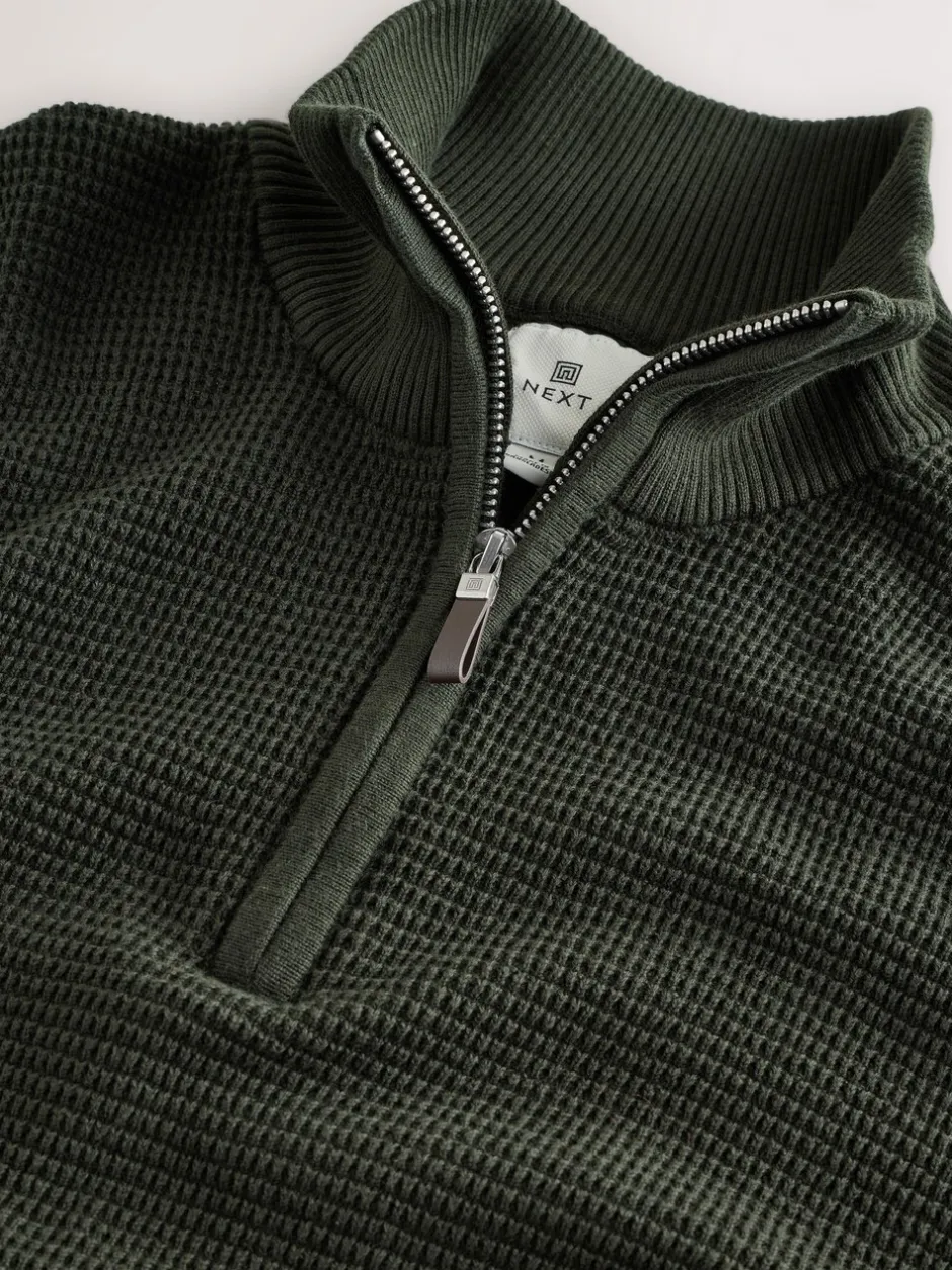 Gebreide Kleding*Next - Effen - Regular Fit Cotton Rich Textured Premium Quarter Zip Jumper Kakigroen
