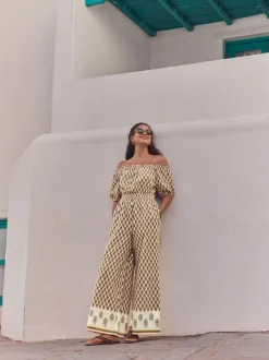 Jumpsuits En Playsuits|Gelegenheidskleding*Next - Jumpsuit met blote schouders en wijde pijpen van 100% katoen Kakigroen