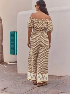Jumpsuits En Playsuits|Gelegenheidskleding*Next - Jumpsuit met blote schouders en wijde pijpen van 100% katoen Kakigroen