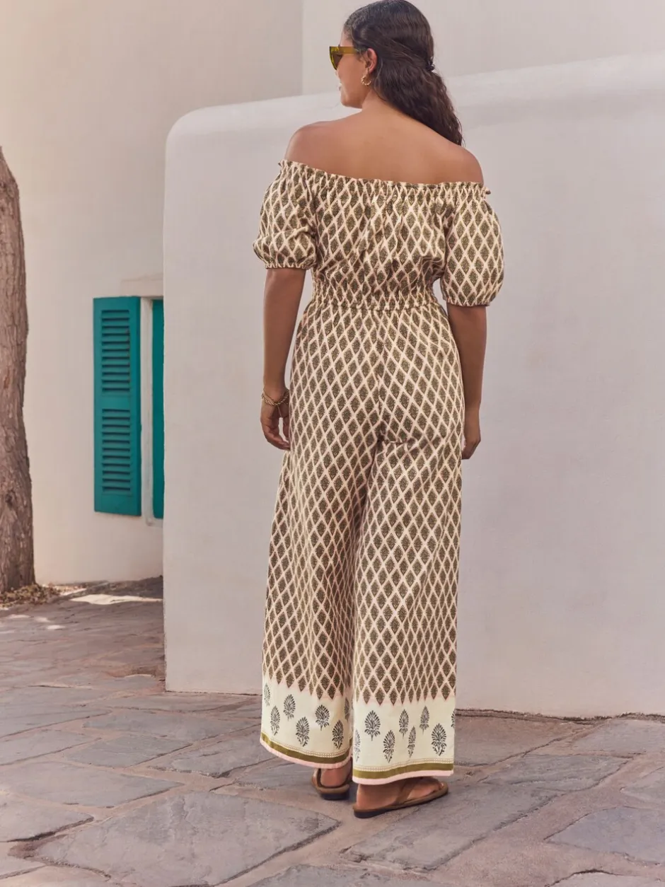 Jumpsuits En Playsuits|Gelegenheidskleding*Next - Jumpsuit met blote schouders en wijde pijpen van 100% katoen Kakigroen
