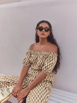 Jumpsuits En Playsuits|Gelegenheidskleding*Next - Jumpsuit met blote schouders en wijde pijpen van 100% katoen Kakigroen