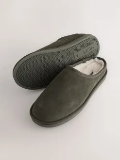 Pantoffels|Loungewear*Next - Met imitatiebont gevoerde Signature suède pantoffelmuiltjes Kakigroen