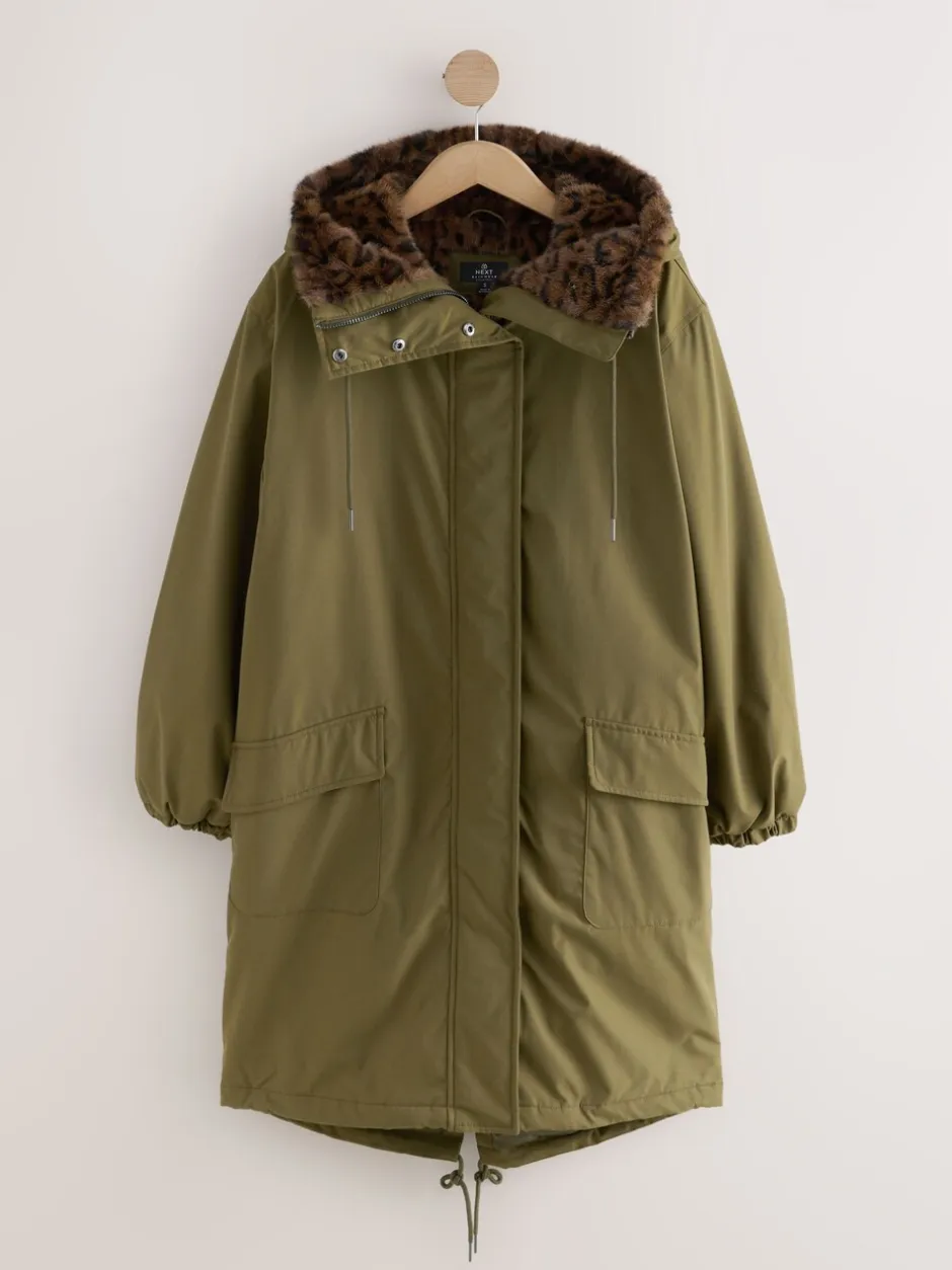 Jassen En Jacks|Next Kakigroen - Parka met imitatiebontvoering met dierenprint