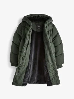 Schoolkleding|Jassen En Jacks*Next - Regenbestendige gewatteerde jas met capuchon en imitatiebontvoering (3 - 16 jr) Kakigroen