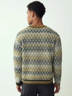 Gebreide Kleding*Next Kakigroen - Relaxed Fit Ombre Diamond Pattern Texture Crew Neck Jumper with Wool