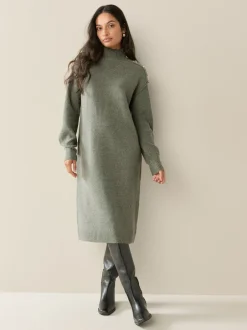 Gebreide Kleding|Jurken*Next - Stand Neck Knitted Midi Jumper Dress Kakigroen
