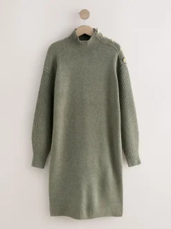 Gebreide Kleding|Jurken*Next - Stand Neck Knitted Midi Jumper Dress Kakigroen