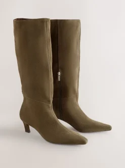 Ruimvallend En Extraruimvallend|Next - Forever Comfort® Knee High Chisel Toe Heeled Boots Kakigroen suède