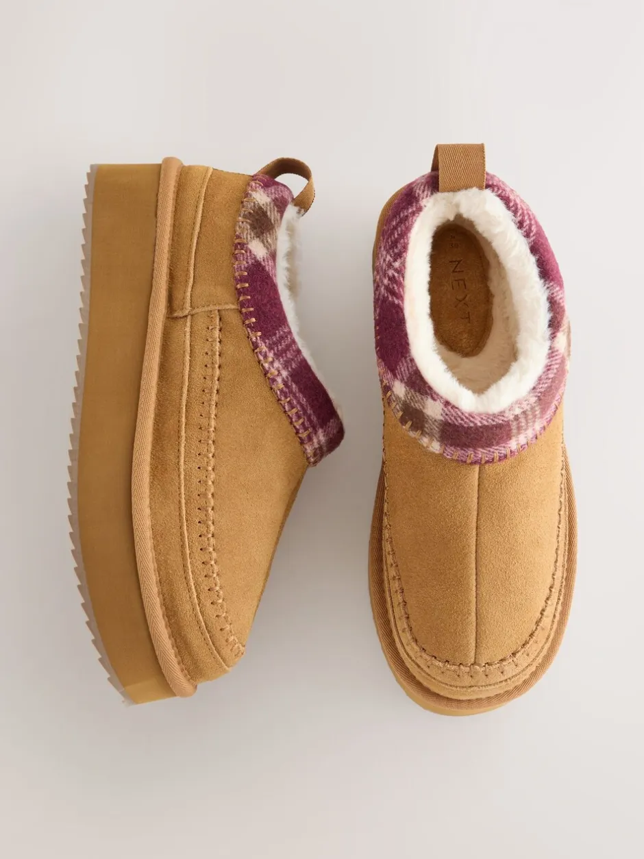 Lage Schoenen|Next - Forever Comfort® Leather Fur Lined Cosy Platform Shoes Kastanjebruin