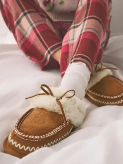 Pantoffels*Next Kastanjebruin - Stitch Suede Faux Fur Lined Mule Slippers