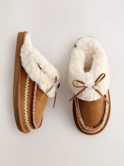 Pantoffels*Next Kastanjebruin - Stitch Suede Faux Fur Lined Mule Slippers