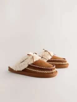 Pantoffels*Next Kastanjebruin - Stitch Suede Faux Fur Lined Mule Slippers