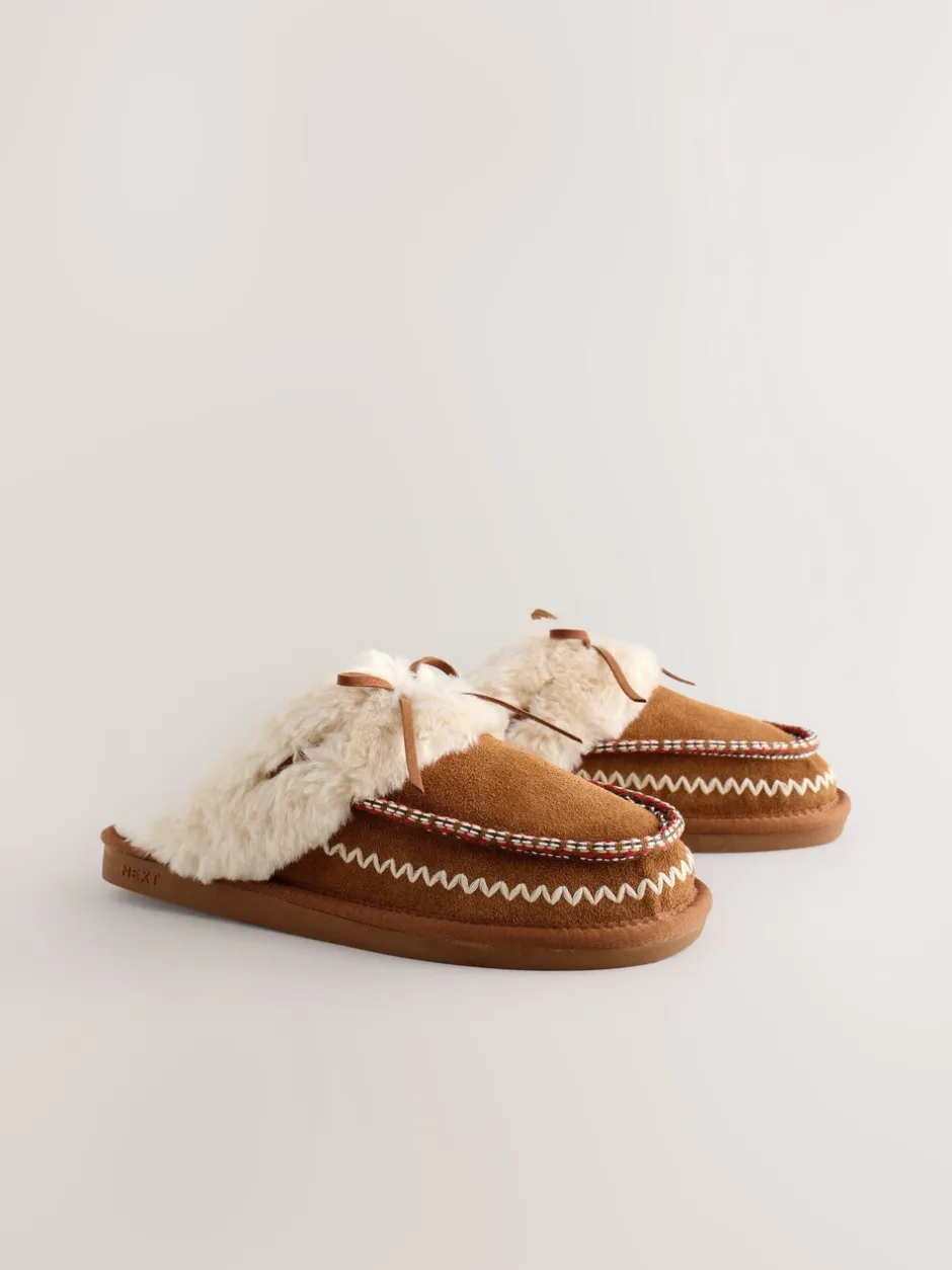 Pantoffels*Next Kastanjebruin - Stitch Suede Faux Fur Lined Mule Slippers