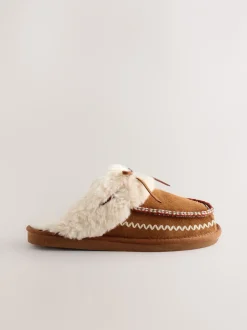 Pantoffels*Next Kastanjebruin - Stitch Suede Faux Fur Lined Mule Slippers