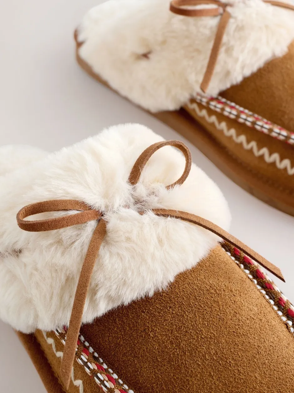 Pantoffels*Next Kastanjebruin - Stitch Suede Faux Fur Lined Mule Slippers