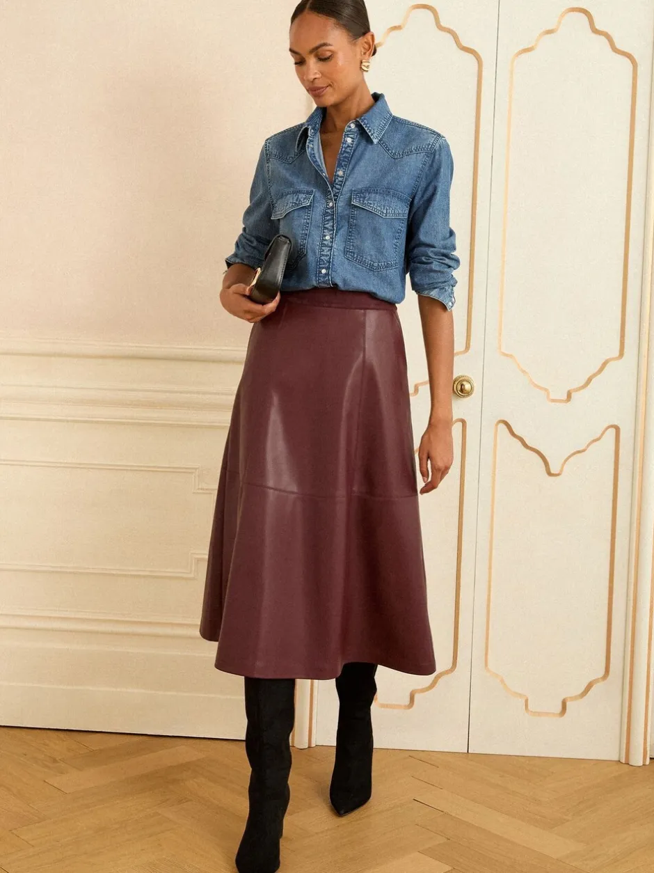 Rokken*Love & Roses - Fit en Flare imitatieleren midi-jurk Kersrood