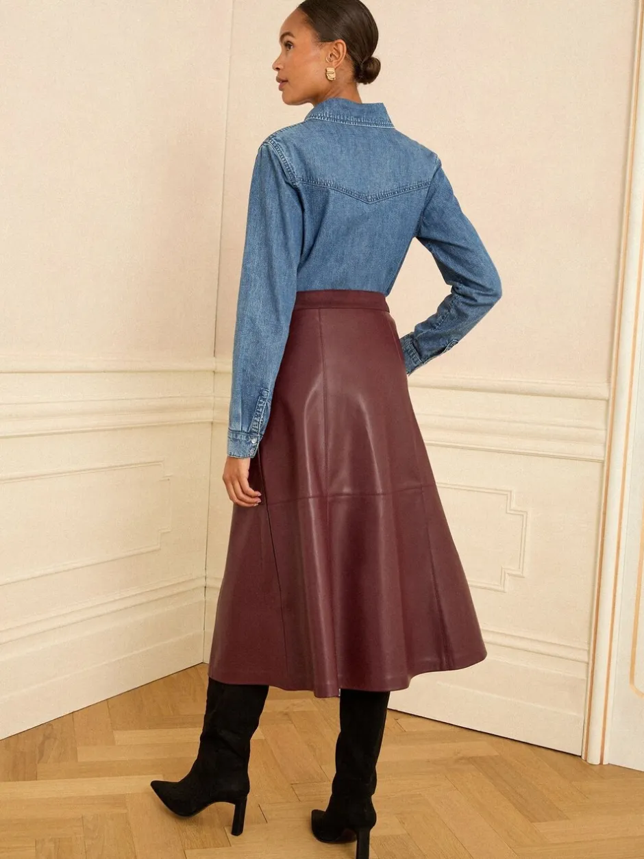 Rokken*Love & Roses - Fit en Flare imitatieleren midi-jurk Kersrood