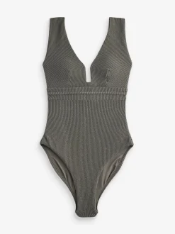 Badkleding|Next Khaki groen met glitters - Diepuitgesneden vormgevend buikcorrigerend badpak
