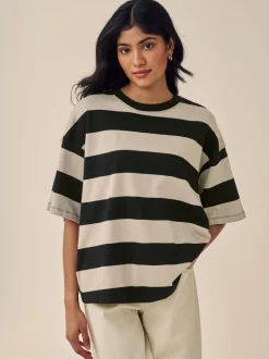 Tops En T-Shirts|Next Kiezelkleurige neutrale streep - Boxy oversized T-shirt met relaxte pasvorm van zware stof en ronde hals