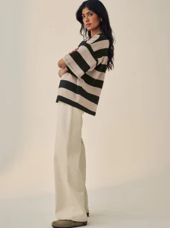 Tops En T-Shirts|Next Kiezelkleurige neutrale streep - Boxy oversized T-shirt met relaxte pasvorm van zware stof en ronde hals