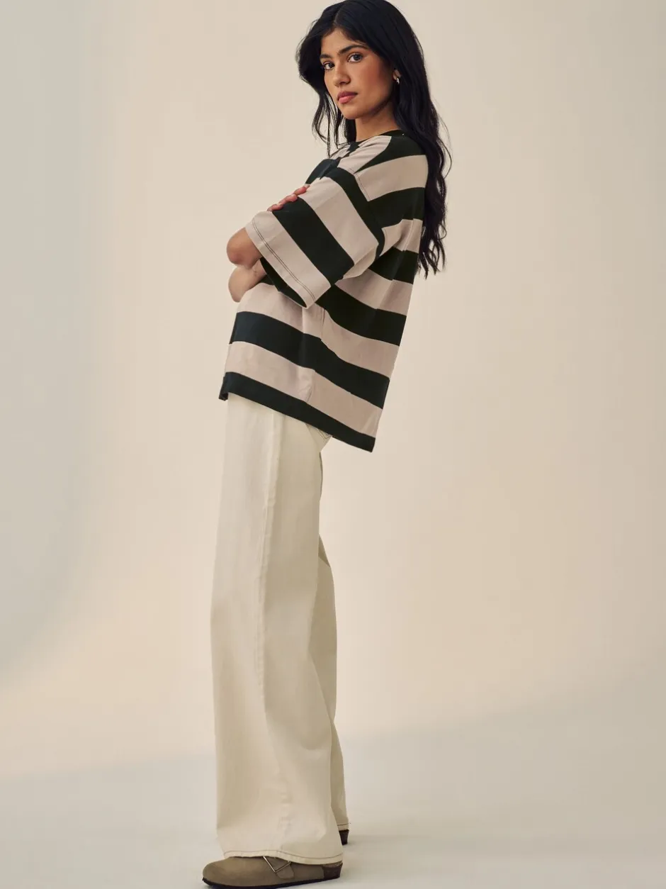 Tops En T-Shirts|Next Kiezelkleurige neutrale streep - Boxy oversized T-shirt met relaxte pasvorm van zware stof en ronde hals