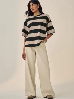 Tops En T-Shirts|Next Kiezelkleurige neutrale streep - Boxy oversized T-shirt met relaxte pasvorm van zware stof en ronde hals