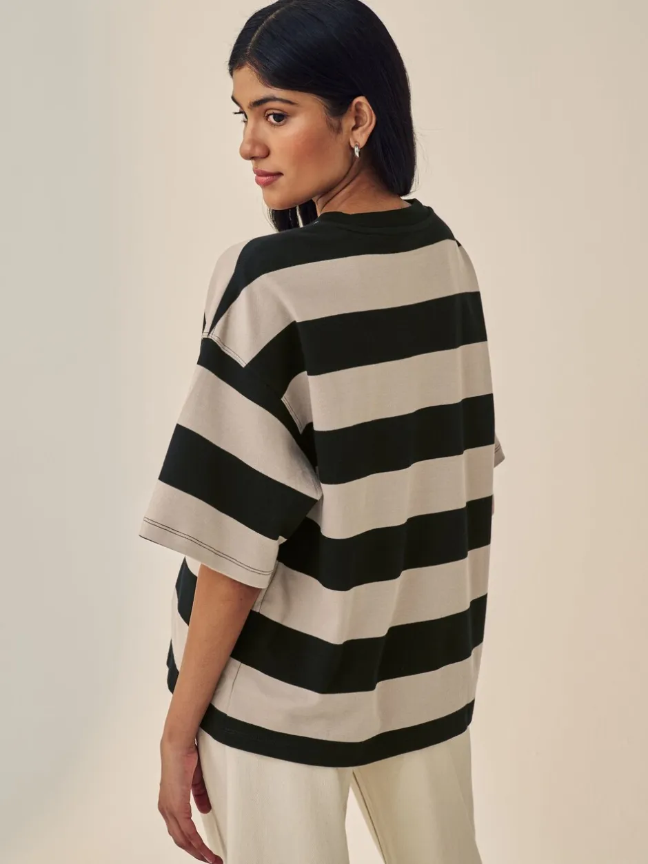 Tops En T-Shirts|Next Kiezelkleurige neutrale streep - Boxy oversized T-shirt met relaxte pasvorm van zware stof en ronde hals