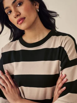 Tops En T-Shirts|Next Kiezelkleurige neutrale streep - Boxy oversized T-shirt met relaxte pasvorm van zware stof en ronde hals