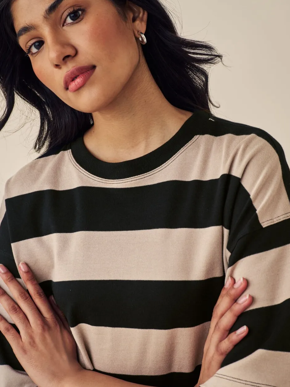 Tops En T-Shirts|Next Kiezelkleurige neutrale streep - Boxy oversized T-shirt met relaxte pasvorm van zware stof en ronde hals