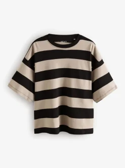 Tops En T-Shirts|Next Kiezelkleurige neutrale streep - Boxy oversized T-shirt met relaxte pasvorm van zware stof en ronde hals