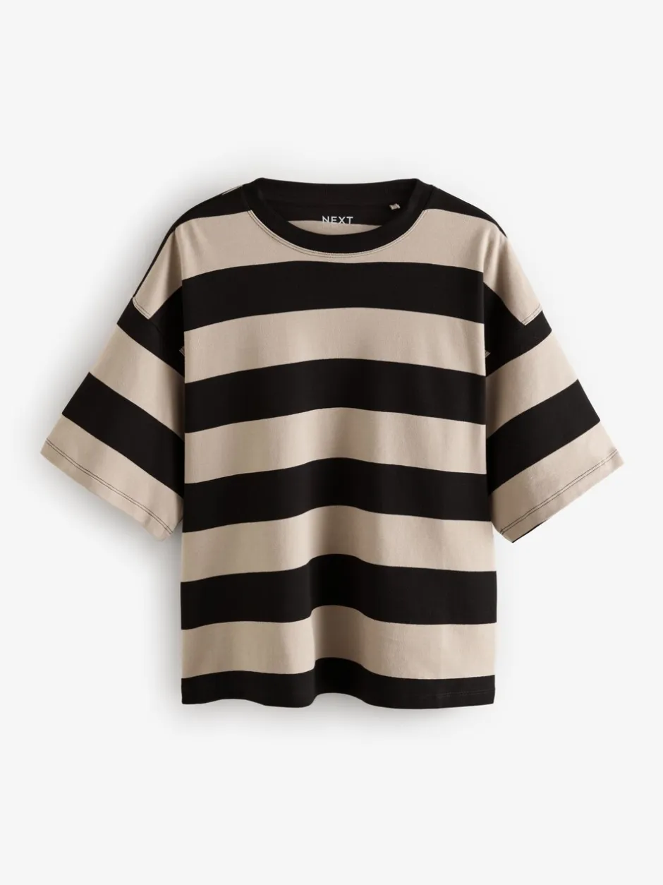 Tops En T-Shirts|Next Kiezelkleurige neutrale streep - Boxy oversized T-shirt met relaxte pasvorm van zware stof en ronde hals