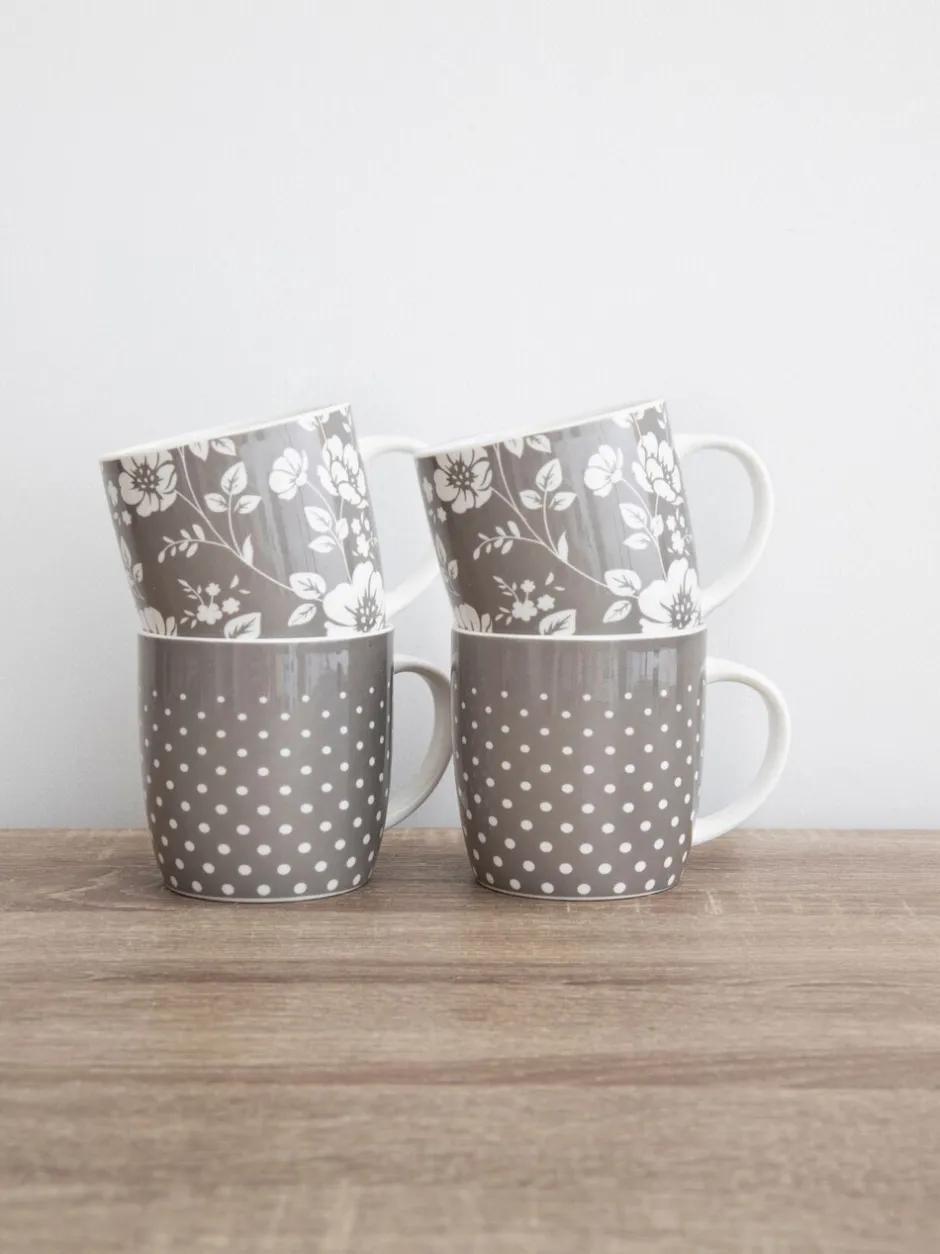 Mokken En Koppen|Kitchencraft Set of 4 Floral Polka Dot Ceramic Mugs