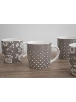Mokken En Koppen|Kitchencraft Set of 4 Floral Polka Dot Ceramic Mugs