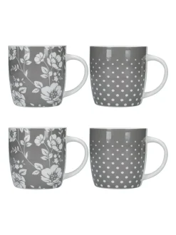 Mokken En Koppen|Kitchencraft Set of 4 Floral Polka Dot Ceramic Mugs