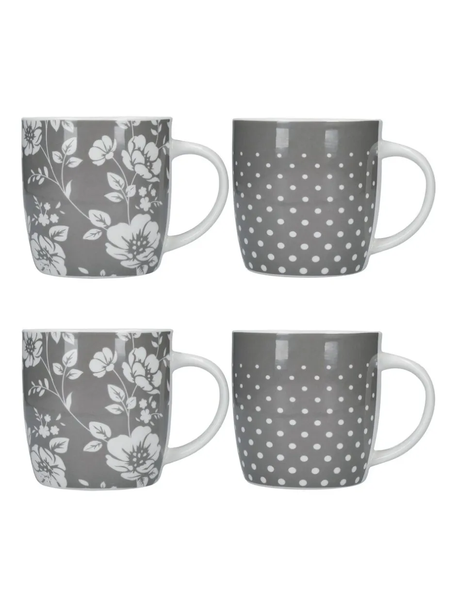 Mokken En Koppen|Kitchencraft Set of 4 Floral Polka Dot Ceramic Mugs