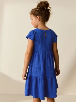 Jurken*Next - Angel Sleeve Crinkle Dress (3-16yrs) Kobaltblauw