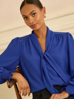 Blouses En Overhemden|Love & Roses - blouse met lange mouwen en striksluiting Kobaltblauw
