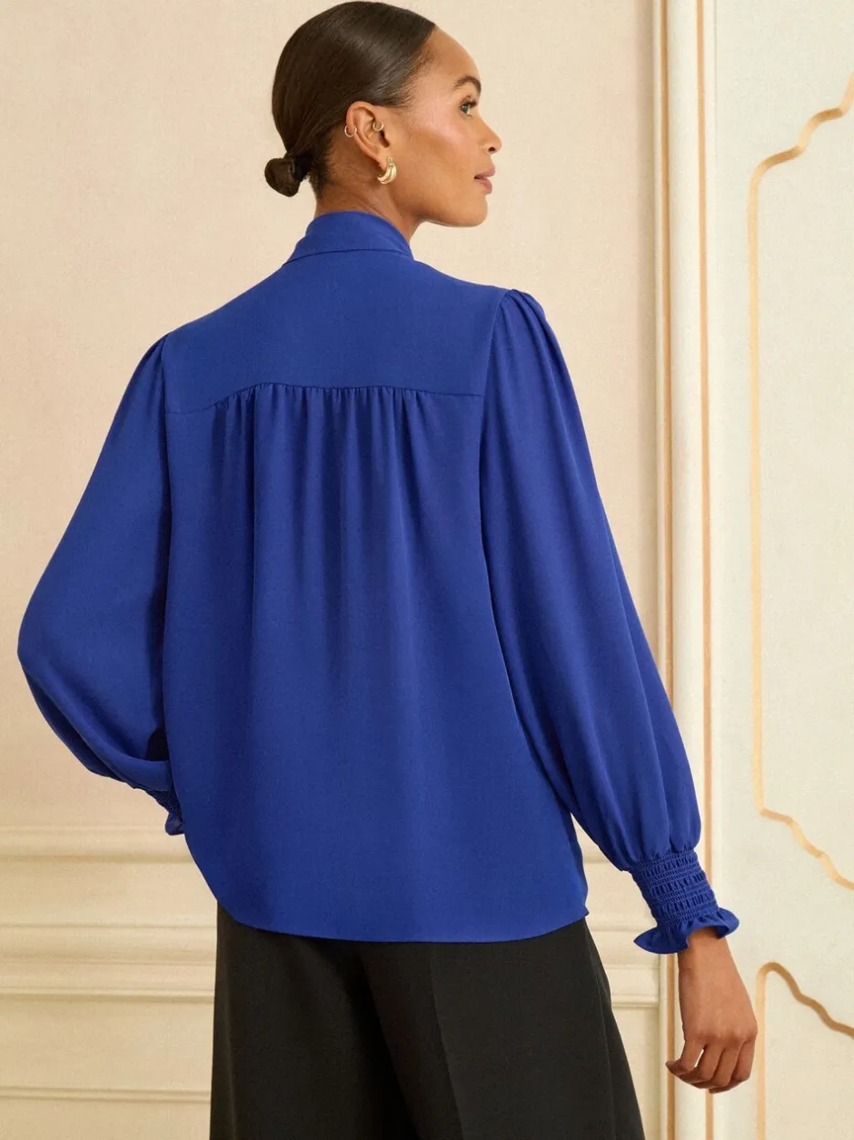 Blouses En Overhemden|Love & Roses - blouse met lange mouwen en striksluiting Kobaltblauw