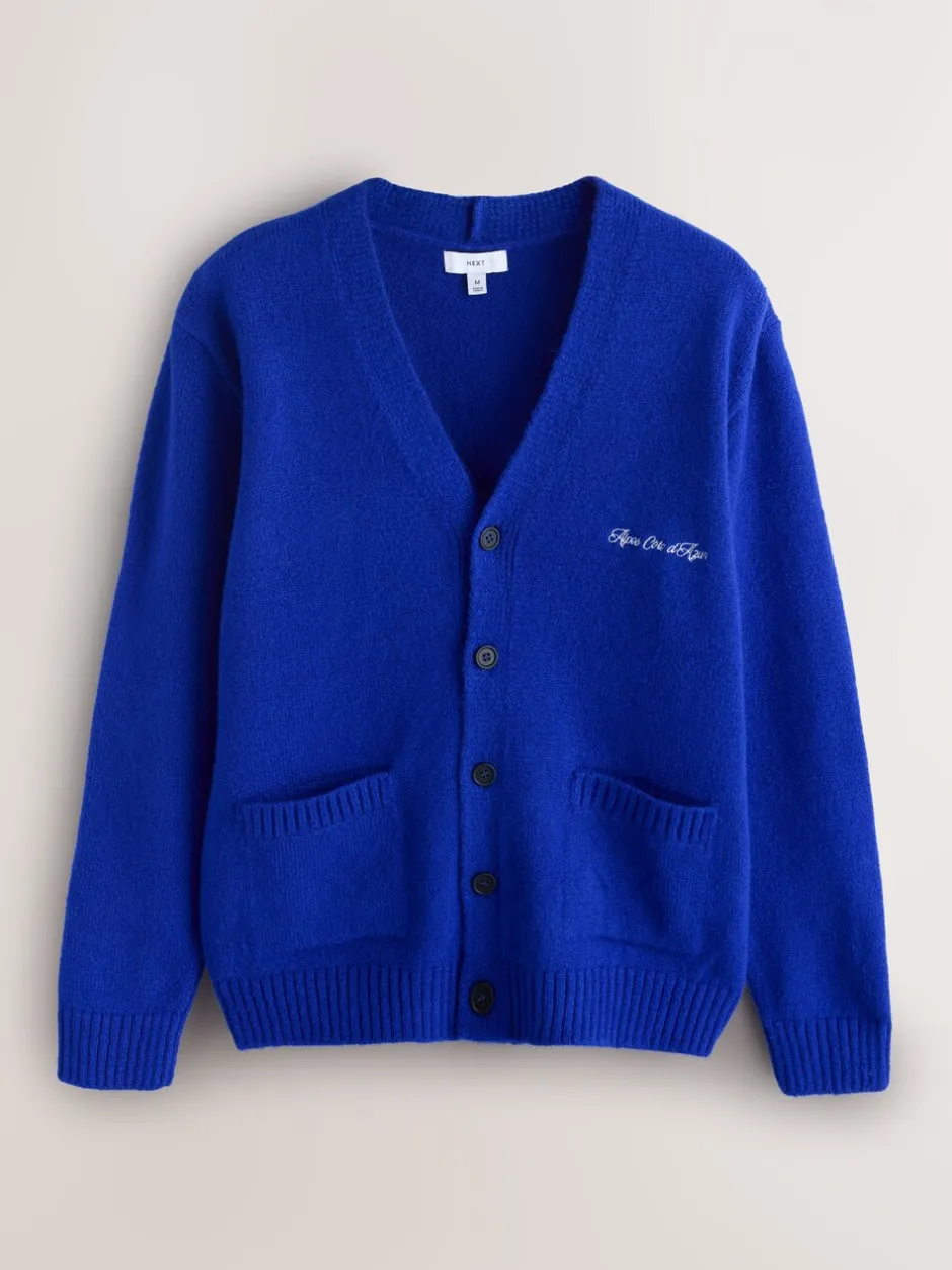 Gebreide Kleding|Next - Regular Fit Embroidered Chest Motif Cardigan Kobaltblauw