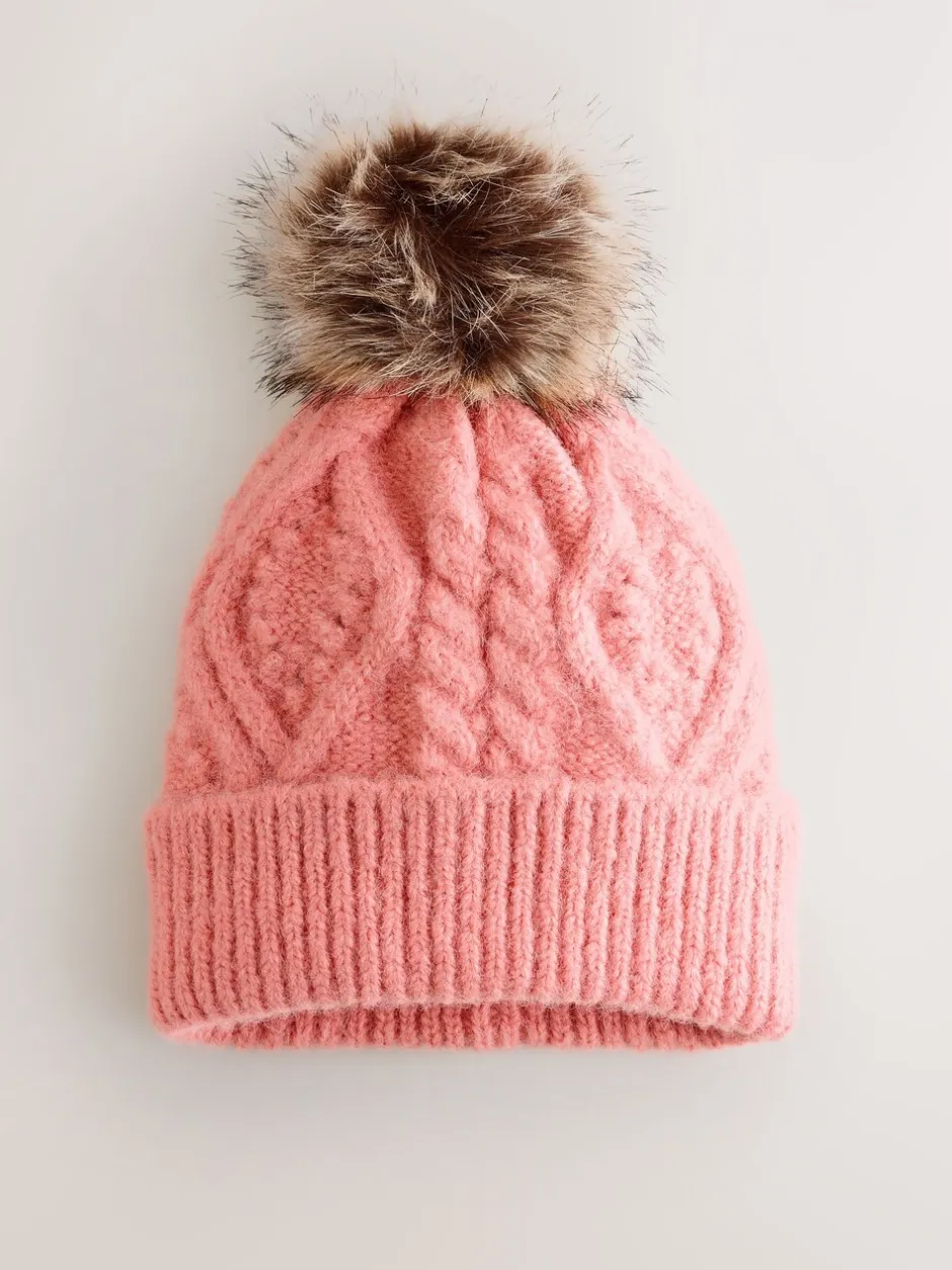 Mutsen, Handschoenen En Sjaals*Next Koraalroze - Cable Knitted Pom Hat