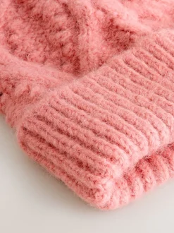 Mutsen, Handschoenen En Sjaals*Next Koraalroze - Cable Knitted Pom Hat