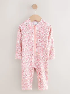 Badkleding*Next Koraalroze met fijne bloemenprint - Zonbeschermend badpak met lange pijpen (3 mnd-7 jr)