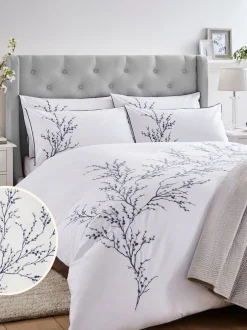 Merkbeddengoed*Laura Ashley 100% katoen perkal 200 draadtelling Pussy Willow Sprig geborduurd dekbedovertrek en kussensloopset Middernachtelijk blauw